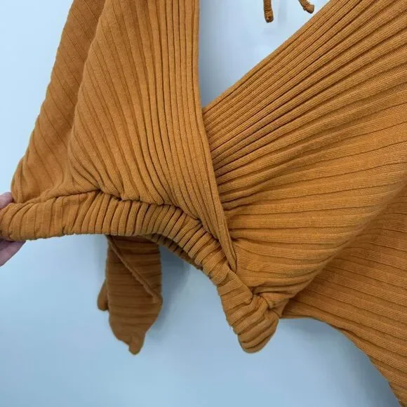 Free People Beach Orange Ribbed Wrap Top Long Sleeve Cropped Medium - Picture 3 of 8